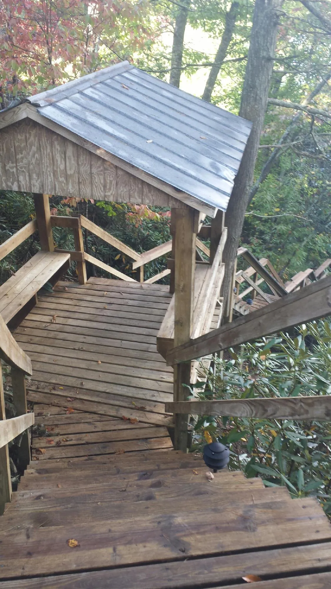 Metal roofed shelter over wooden steps on a wooded walkway — Skylight Repair & Installation work by our crew in Latimer